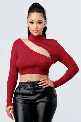 LUX SWEATER RIB ASYMMETRICAL MOCK NECK CROP TOP