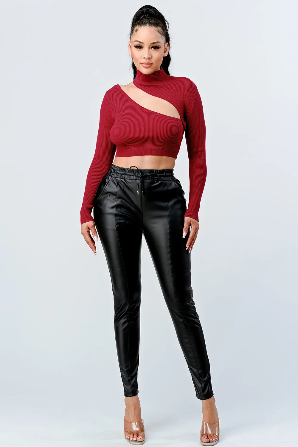 LUX SWEATER RIB ASYMMETRICAL MOCK NECK CROP TOP