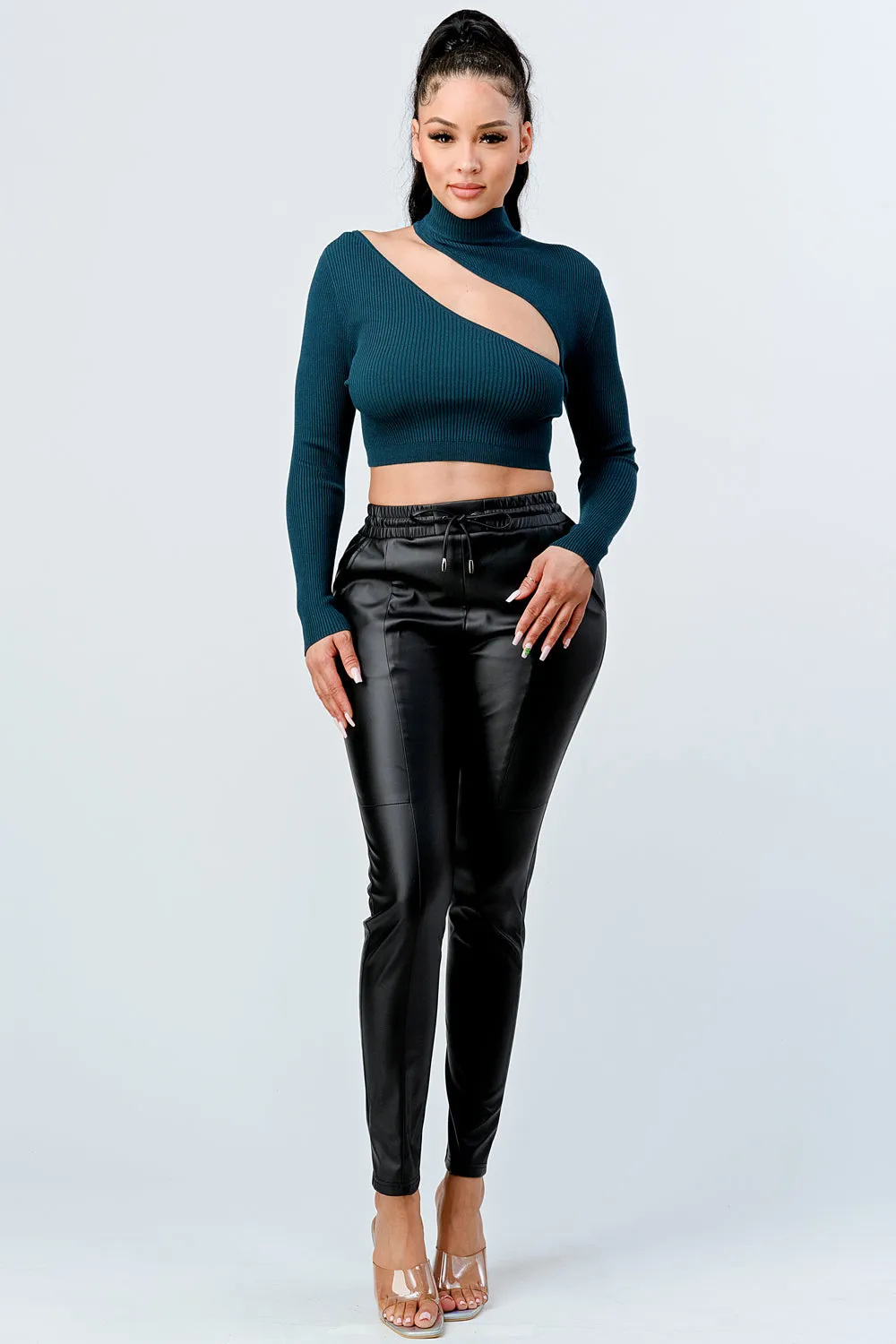 LUX SWEATER RIB ASYMMETRICAL MOCK NECK CROP TOP