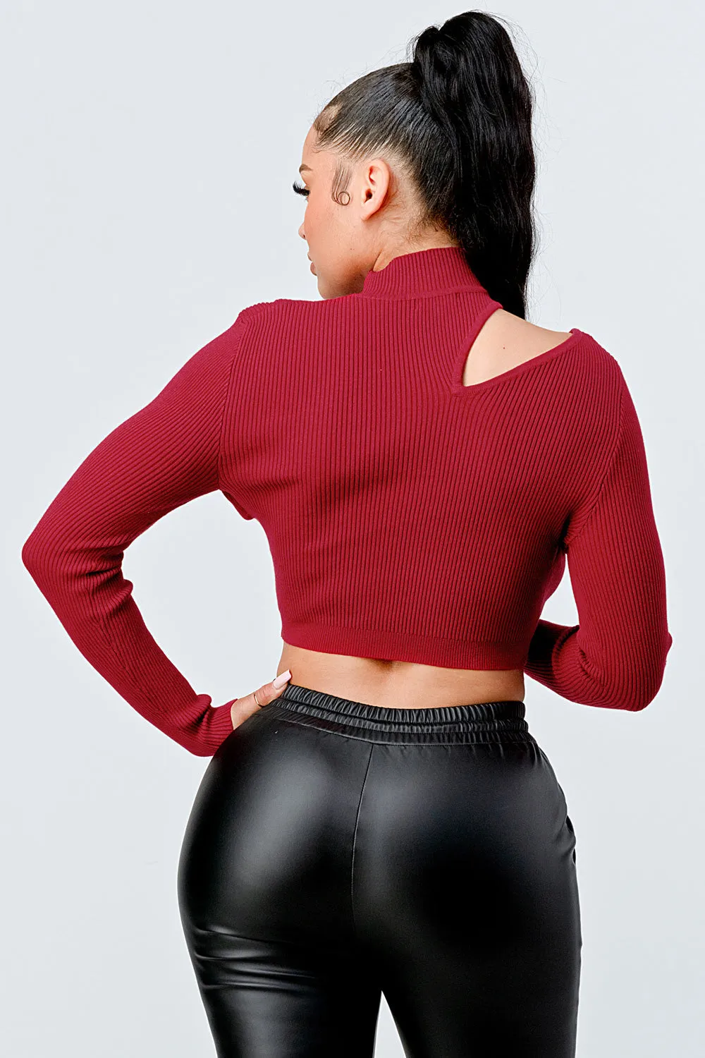 LUX SWEATER RIB ASYMMETRICAL MOCK NECK CROP TOP