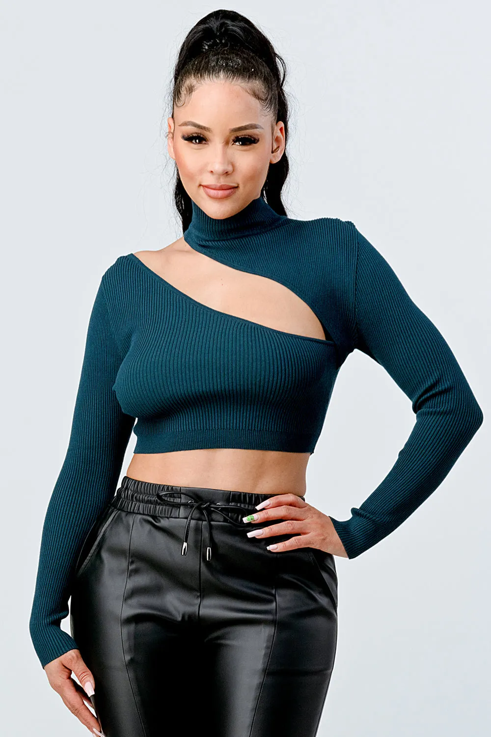 LUX SWEATER RIB ASYMMETRICAL MOCK NECK CROP TOP