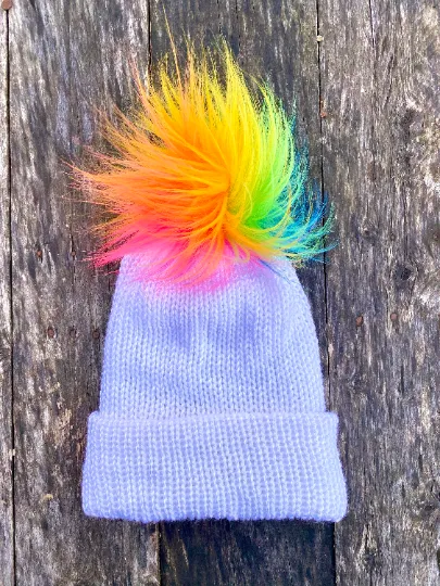 MADE TO ORDER Fun and funky rainbow blue purple hot pink yellow orange green faux fur pom pom with wooden button