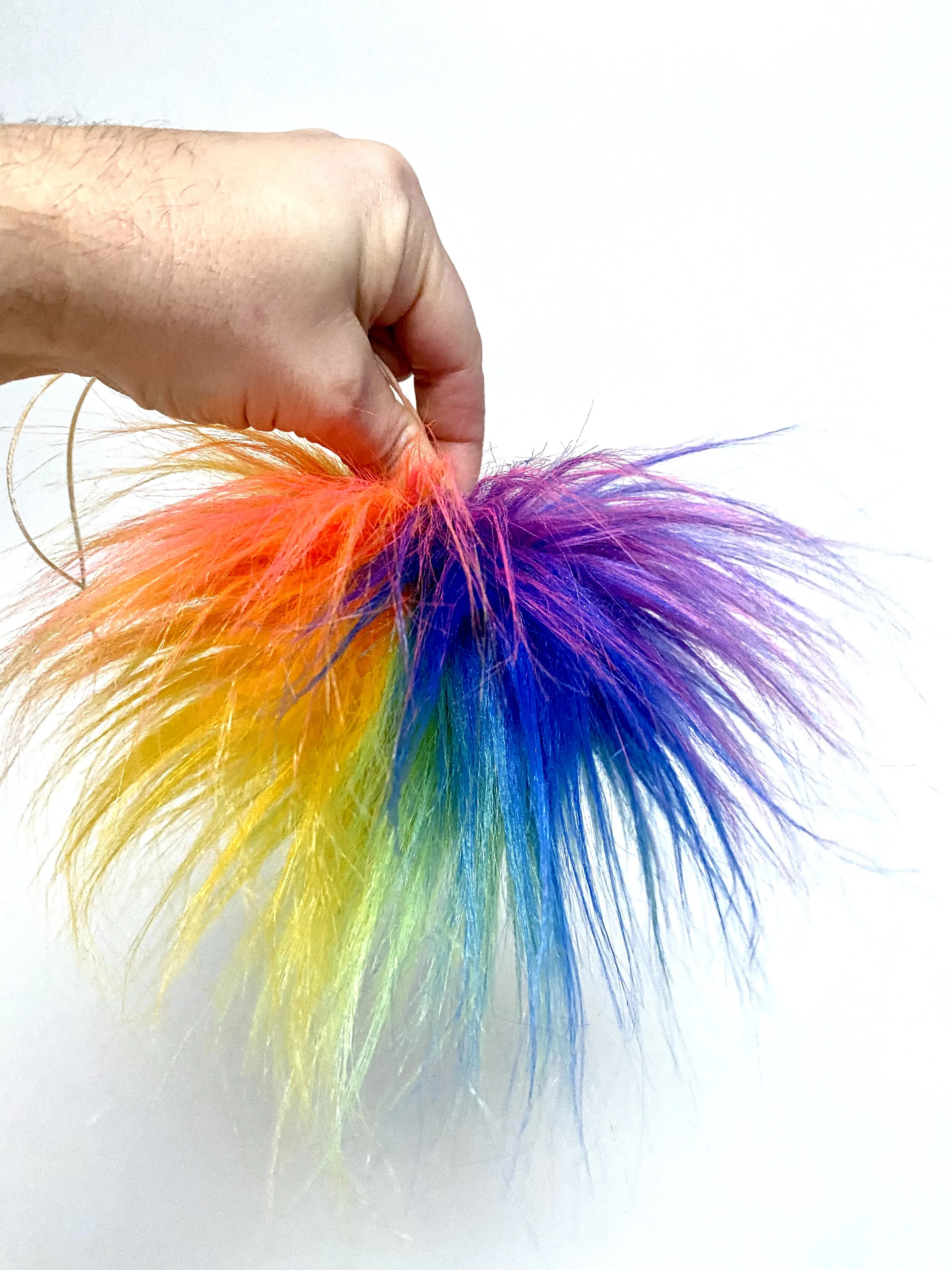 MADE TO ORDER Fun and funky rainbow blue purple hot pink yellow orange green faux fur pom pom with wooden button