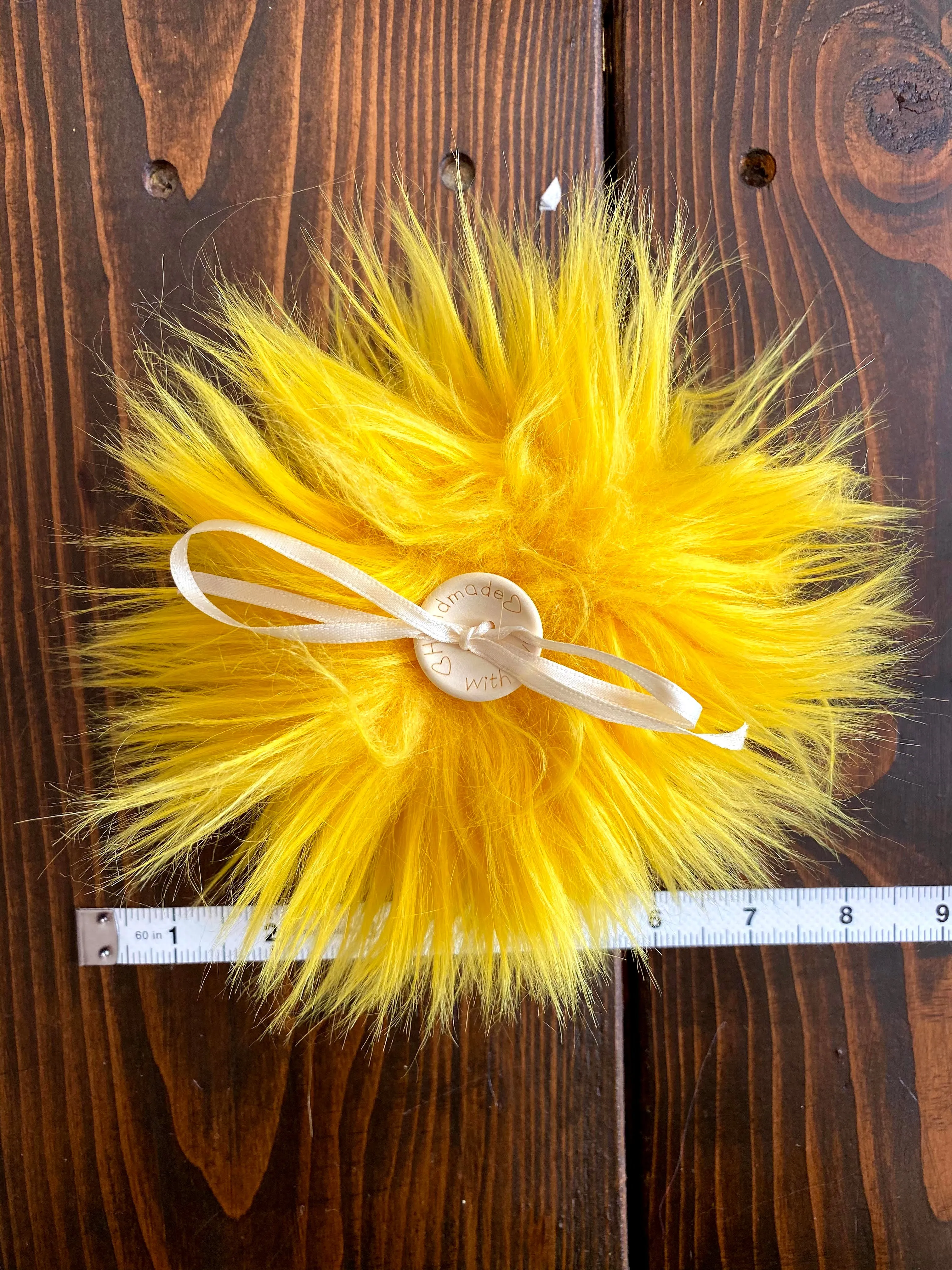 MADE TO ORDER Fun and funky yellow gold faux fur pom pom with wooden button