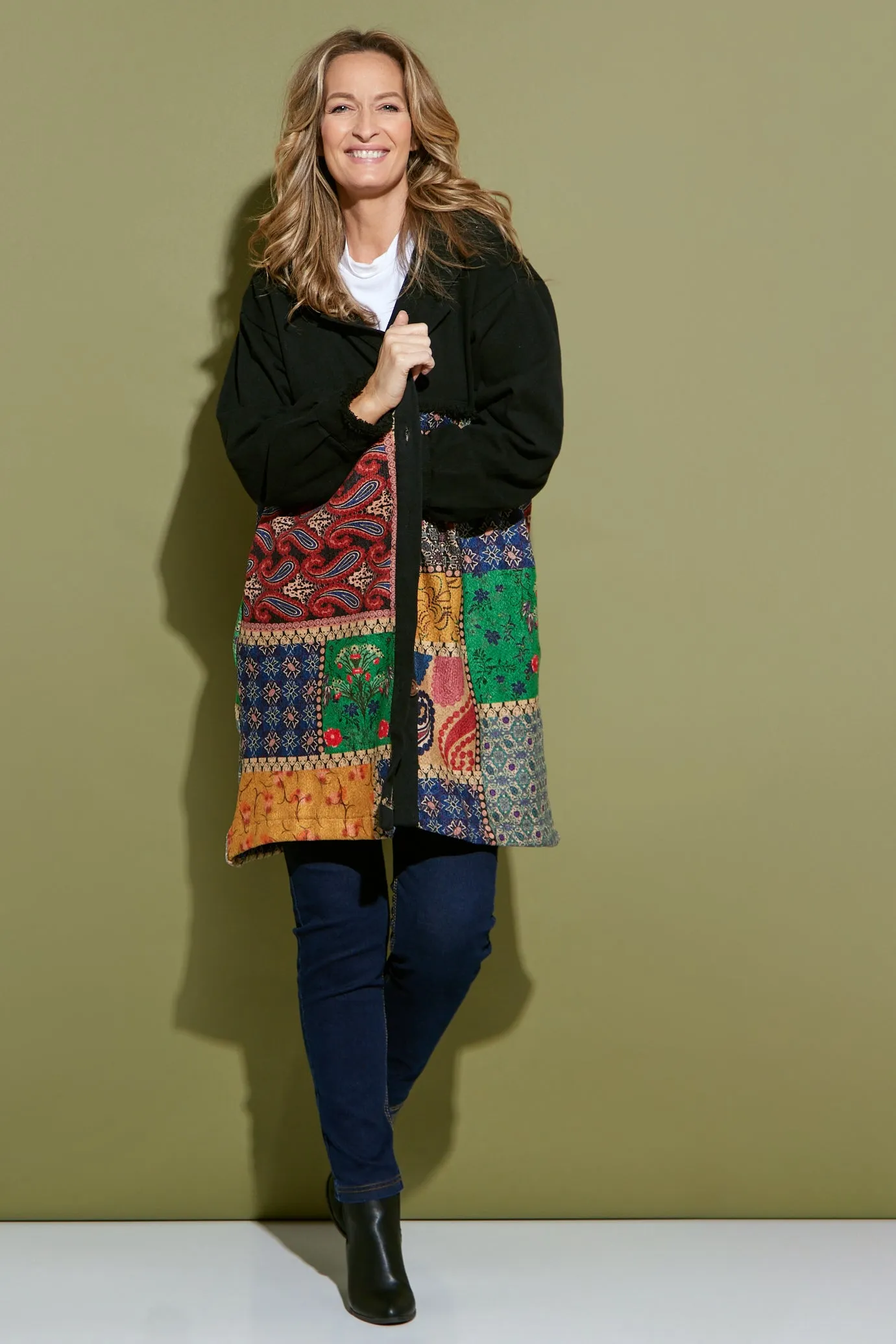 Maggie Chenille Knit & Canvas Coat - Mosaic Patchwork