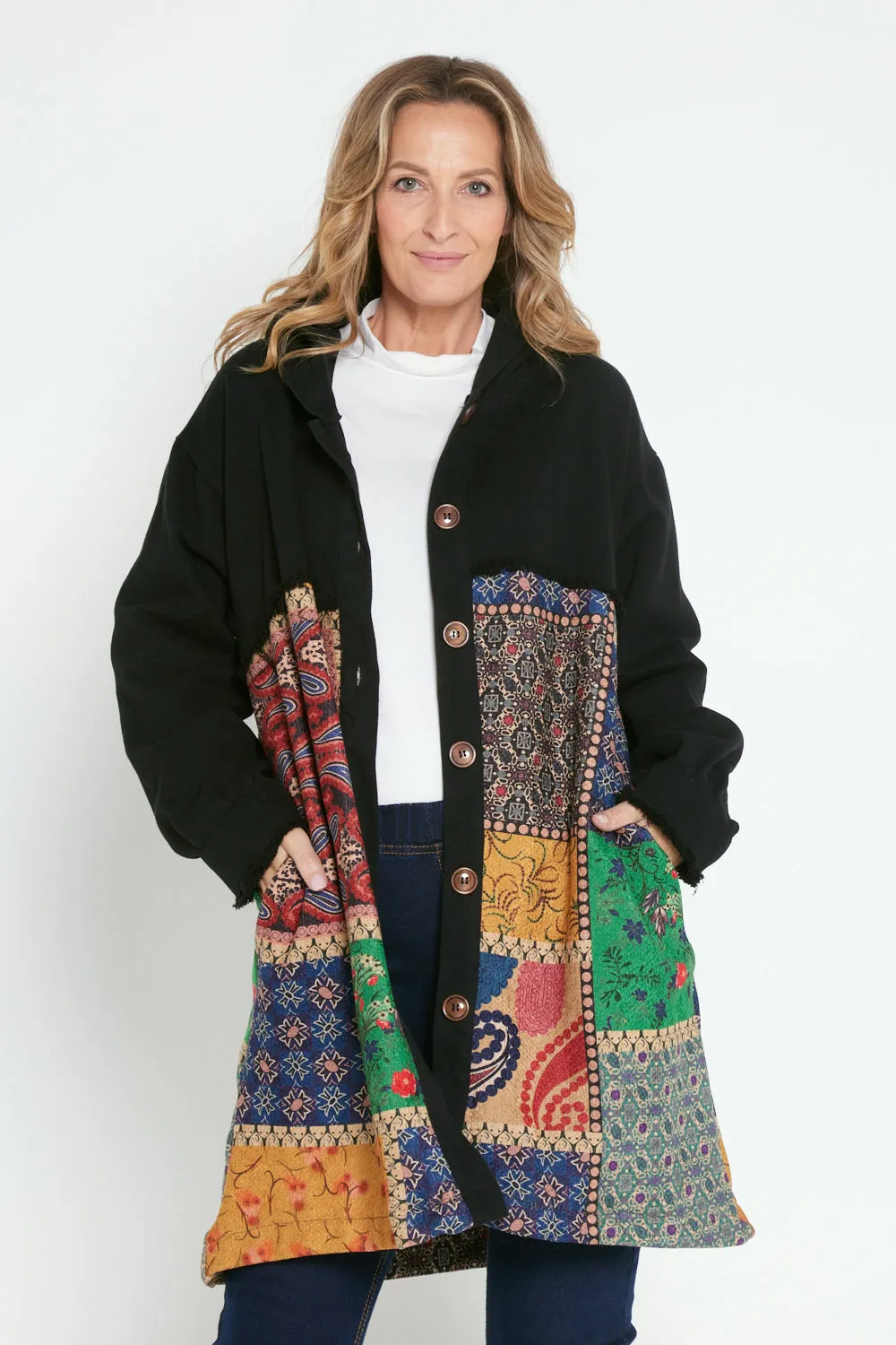 Maggie Chenille Knit & Canvas Coat - Mosaic Patchwork