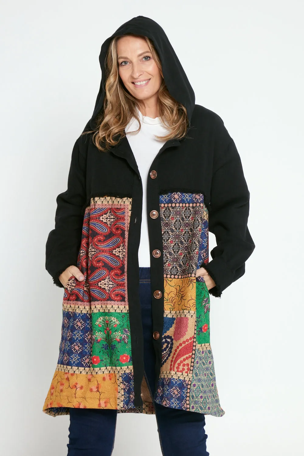 Maggie Chenille Knit & Canvas Coat - Mosaic Patchwork