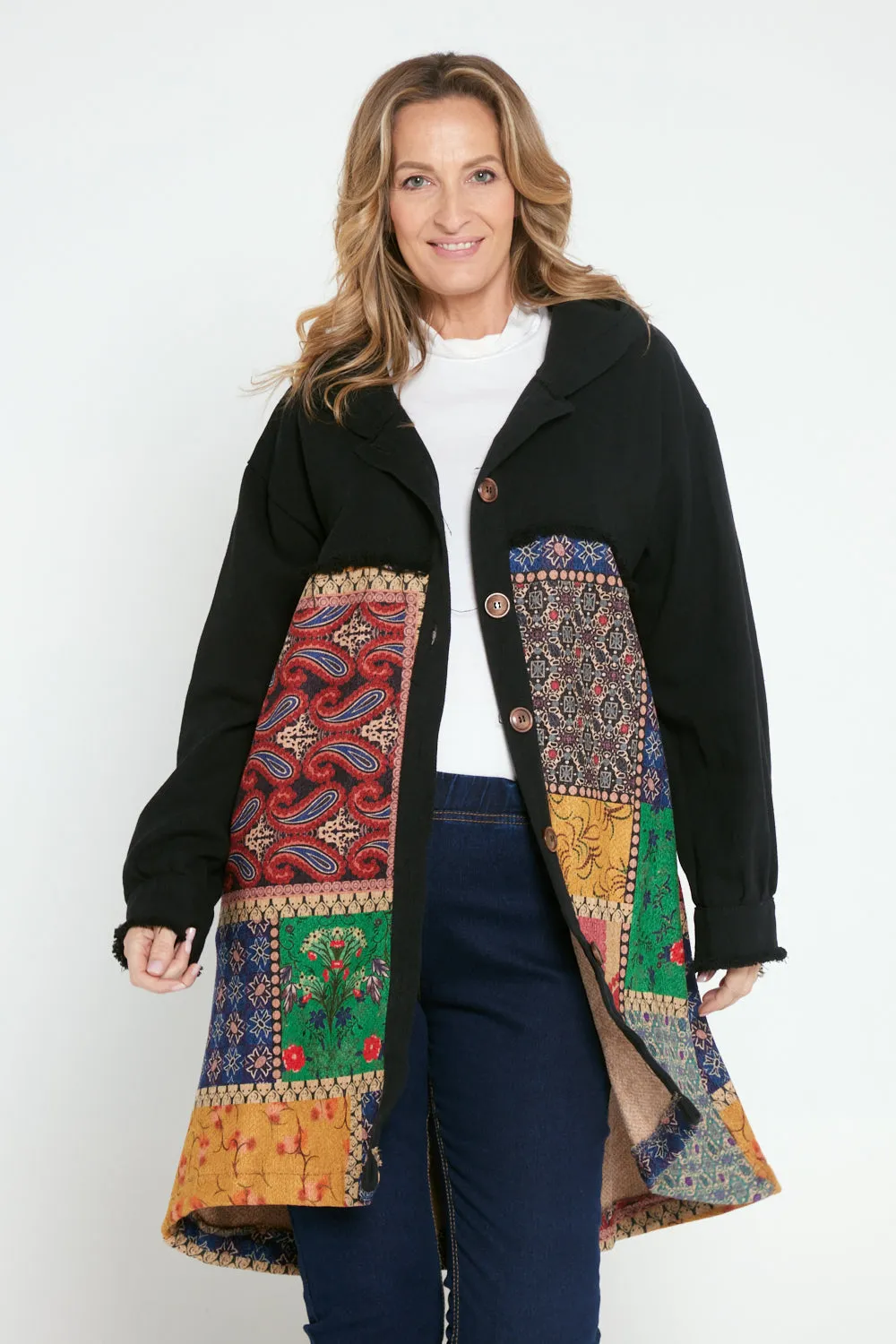 Maggie Chenille Knit & Canvas Coat - Mosaic Patchwork