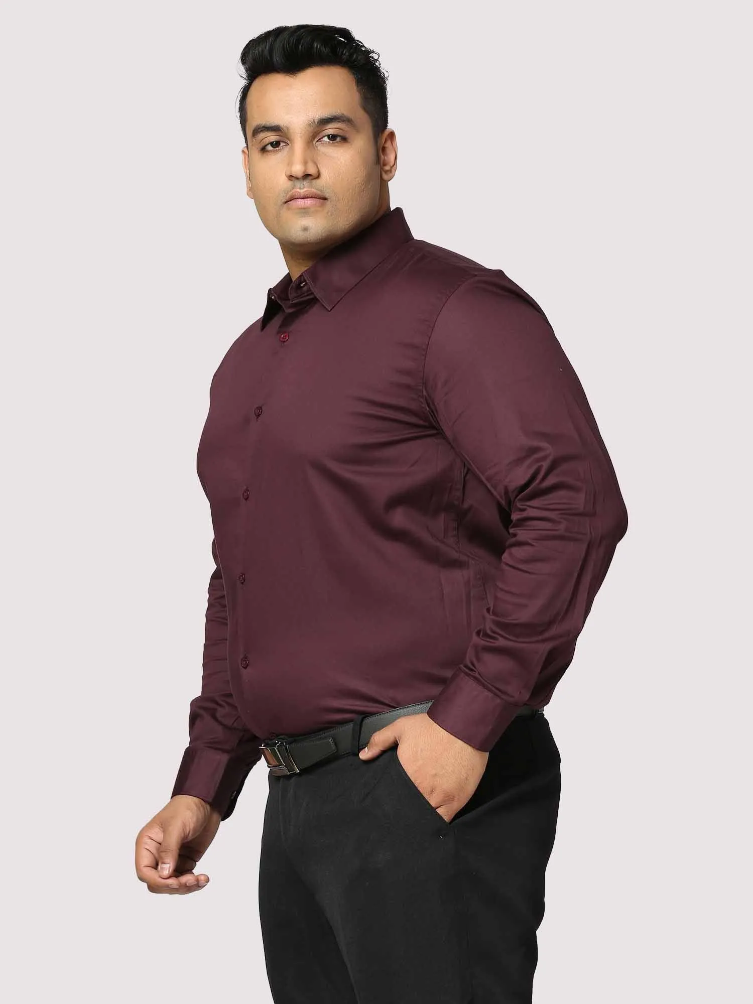 Maroon  Solid Stretchable Cotton Shirt Men's Plus Size