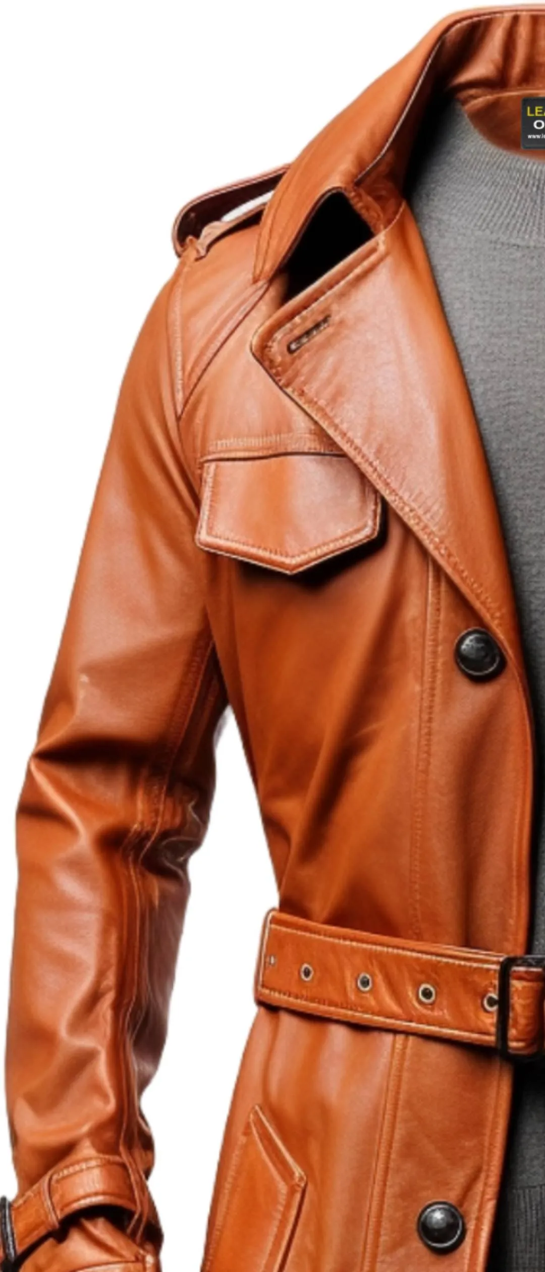 Men Long Leather Tan Color Coat