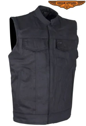 Mens Black Denim Motorcycle Club Vest With Black Liner ,Concealed Carry Gun Pockets