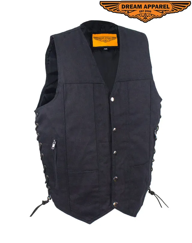 Men’s Black Denim Motorcycle Vest with Concealed Gun Pockets