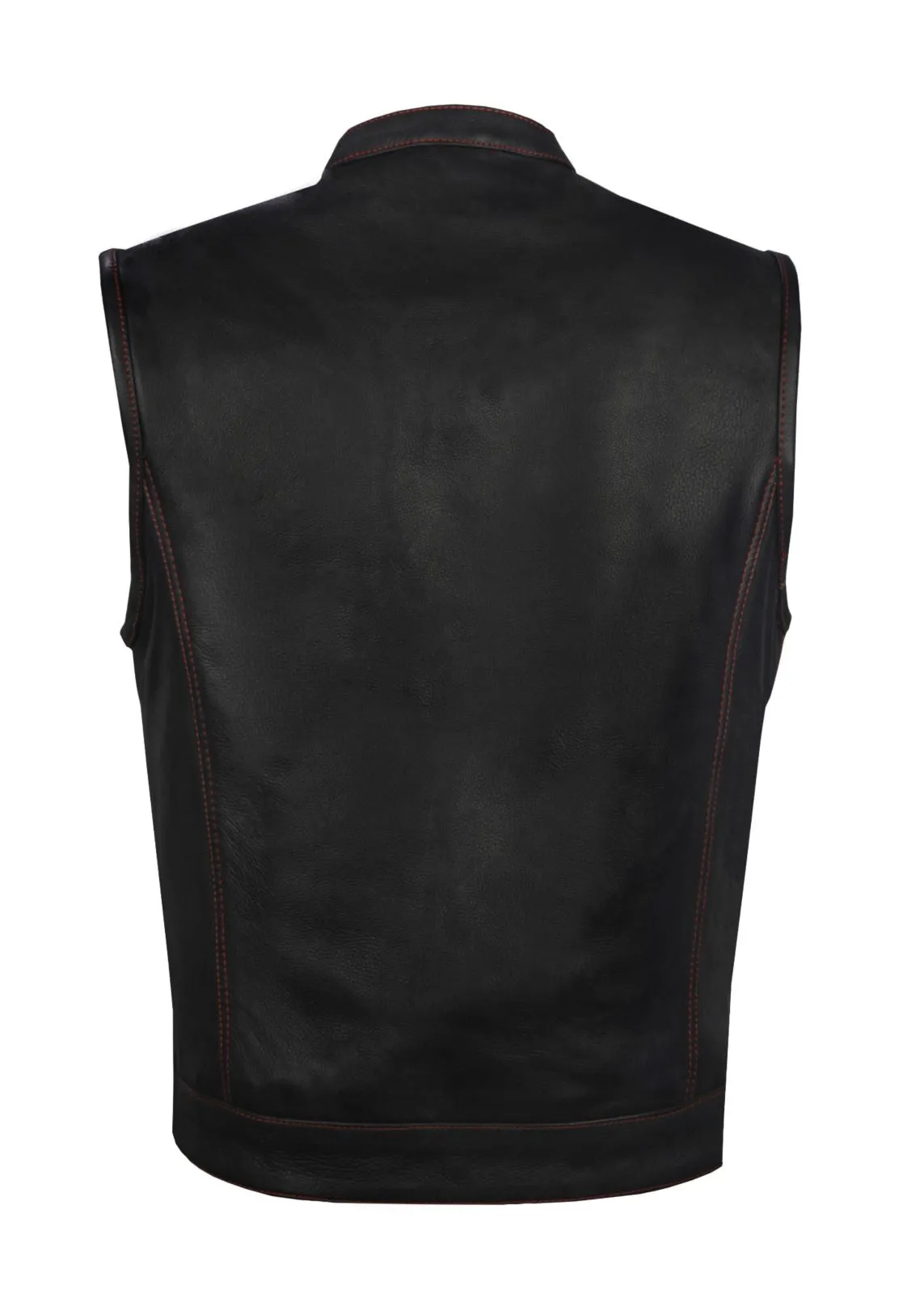 Mens Leather Club Vest Red Thread, Red Paisley Lining, Zipper Front, Diamond Padding