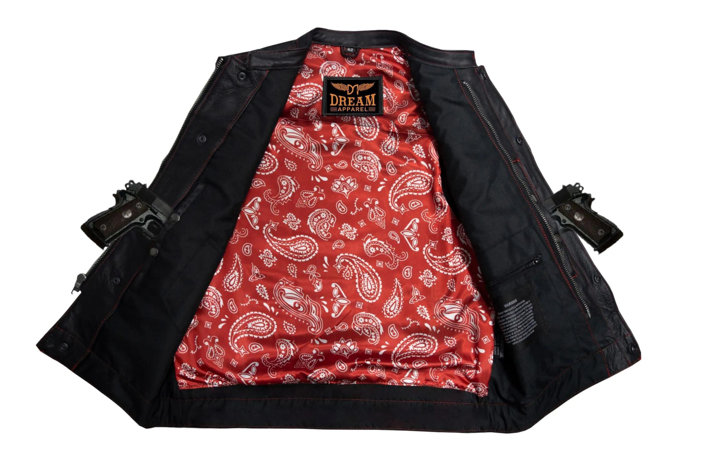 Mens Leather Club Vest Red Thread, Red Paisley Lining, Zipper Front, Diamond Padding