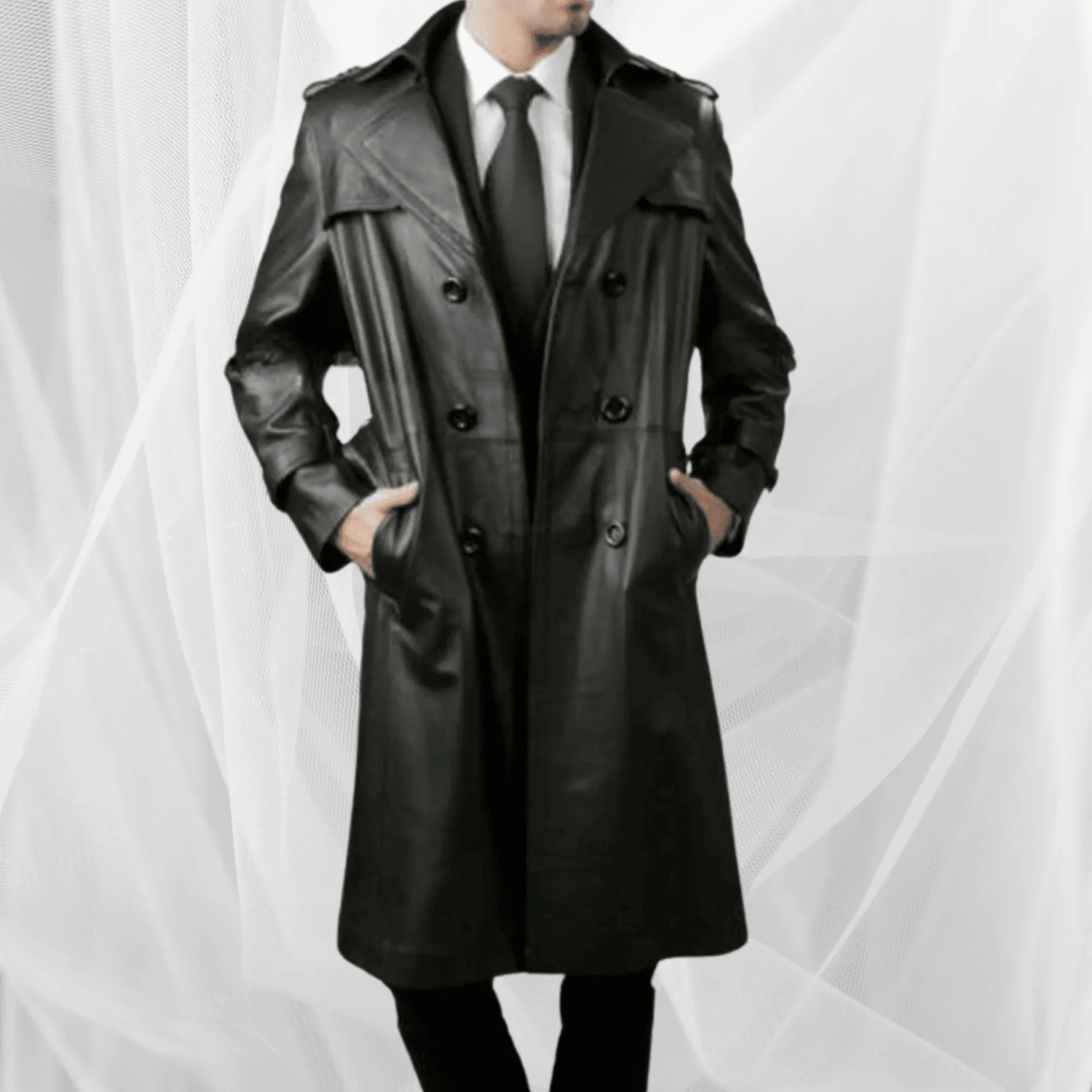 Mens Long Leather Trench Coat