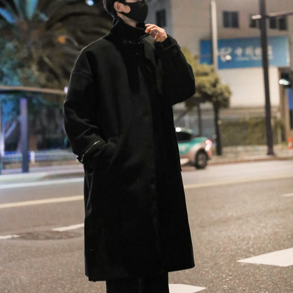 Mens Long Trench Coat With Button Slit Details