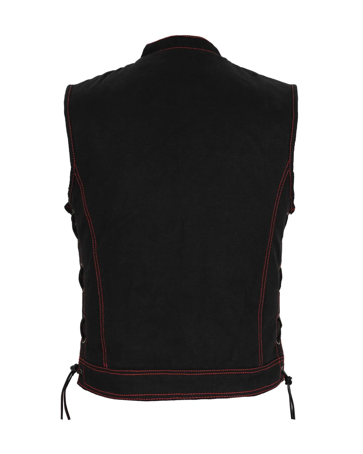 Mens SOA Style Motorcycle Club Vest® Black Denim Conceal Gun Pockets Side Laces Red Thread Red Liner