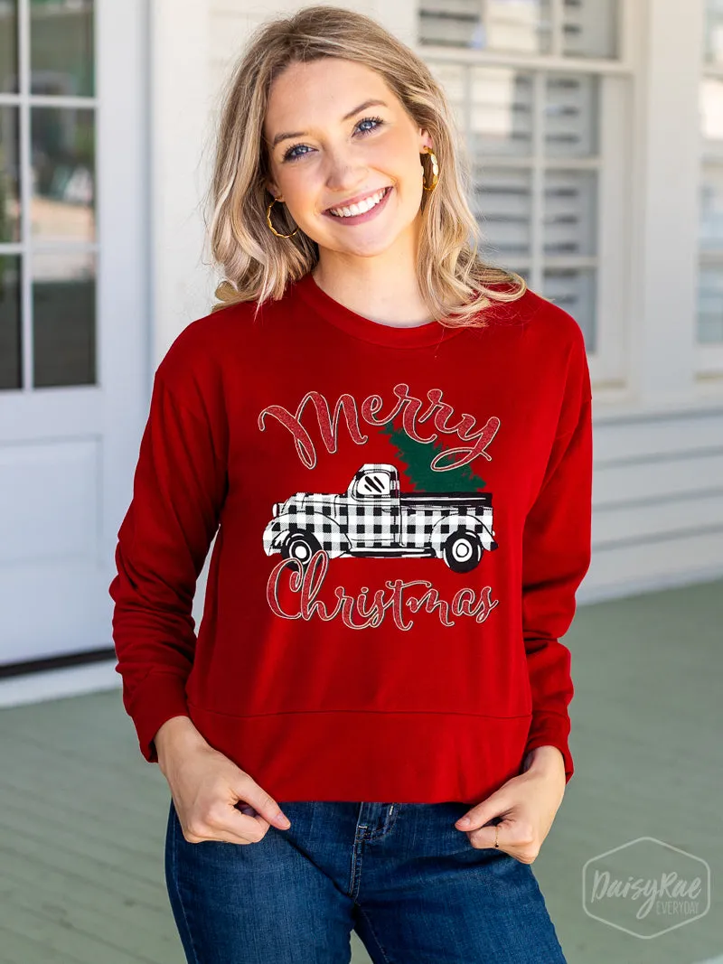 Merry Christmas on Strike Your Interest Red Crop Sweatshirt