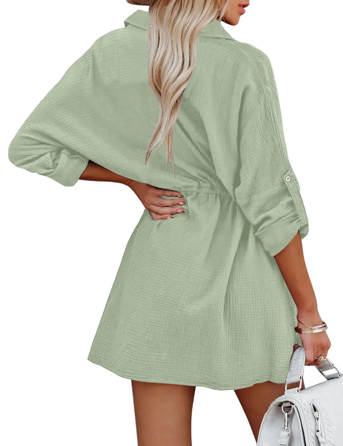 Mint Cuffed Long Sleeves Elastic-Waist Shirt Dress