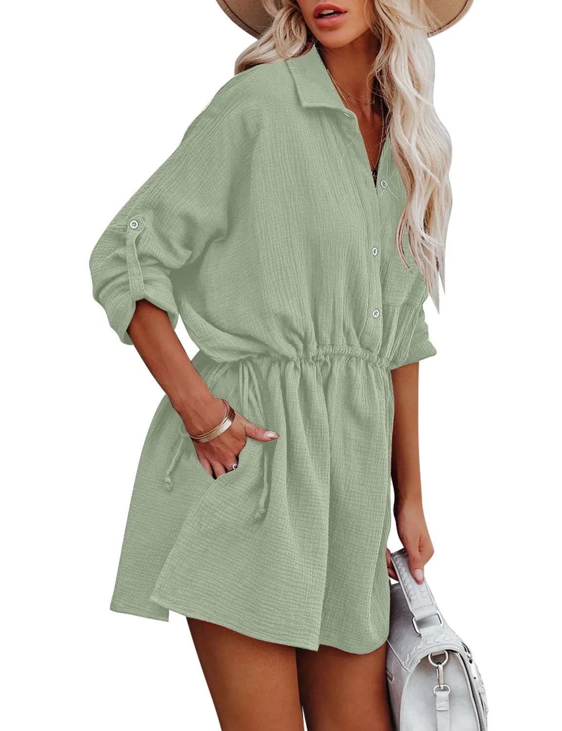 Mint Cuffed Long Sleeves Elastic-Waist Shirt Dress