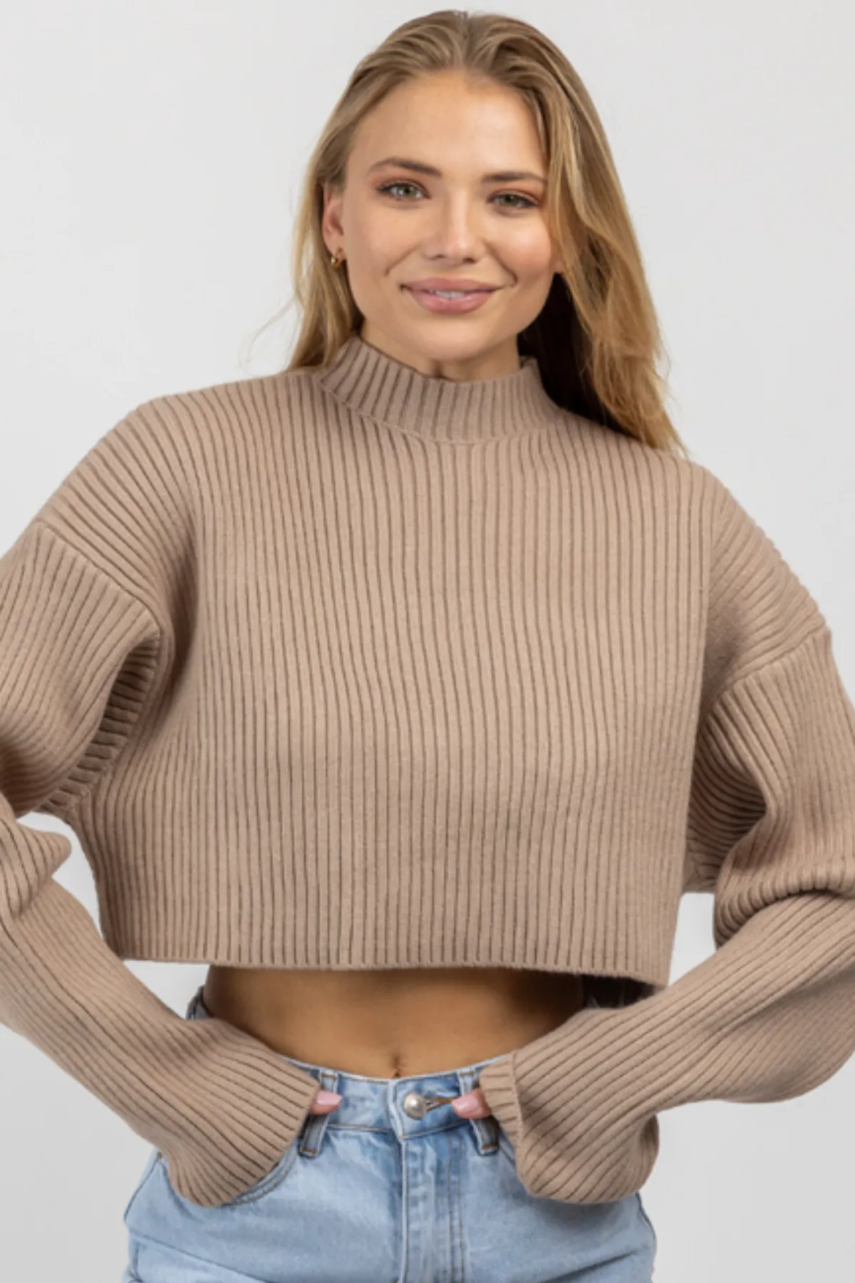 MOCHA MOCKNECK LONGSLEEVE CROP SWEATER *BACK IN STOCK*