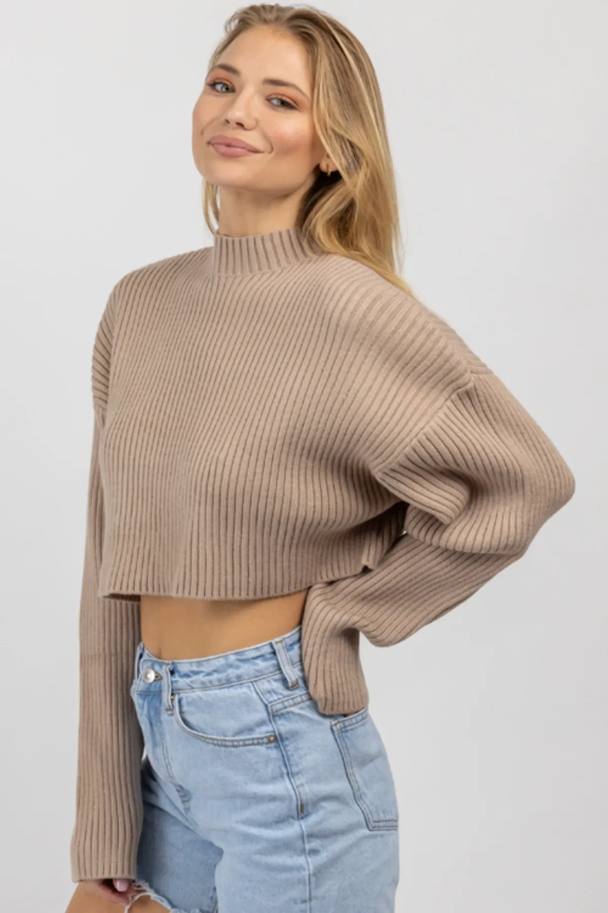 MOCHA MOCKNECK LONGSLEEVE CROP SWEATER *BACK IN STOCK*