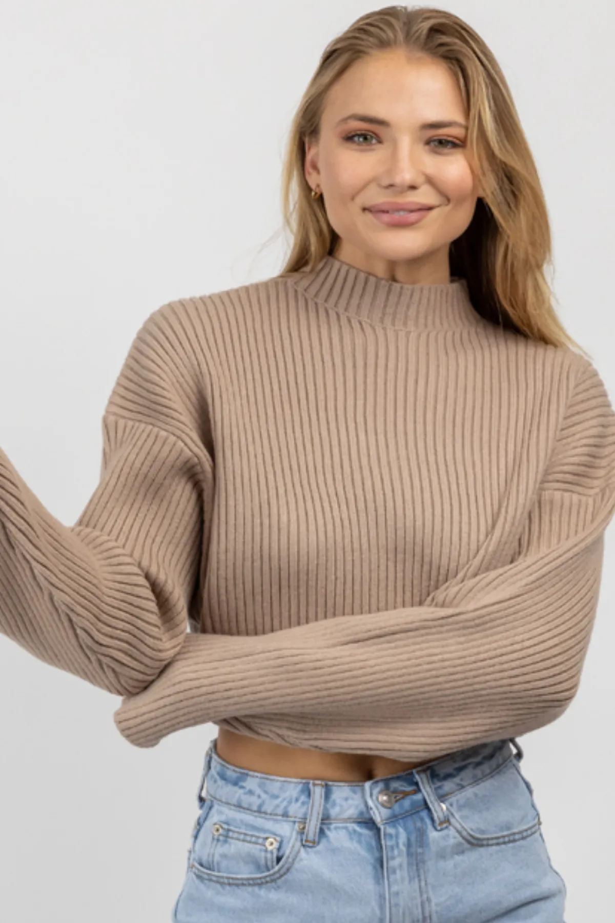 MOCHA MOCKNECK LONGSLEEVE CROP SWEATER *BACK IN STOCK*