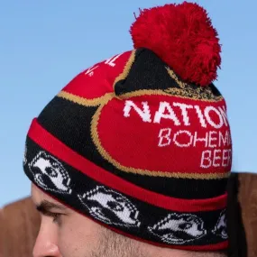 National Bohemian Beer w/ Boh Brim (Black w/ Red Pom) / Knit Beanie Cap