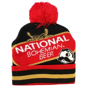 National Bohemian Beer w/ Red & Gold Stripes (Black w/ Red Pom) / Knit Beanie Cap