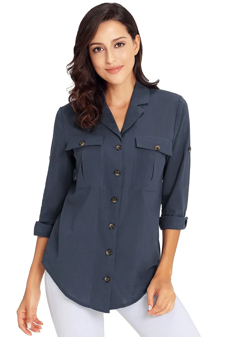 Navy Blue Long Cuffed Sleeves Lapel Button-Up Blouse