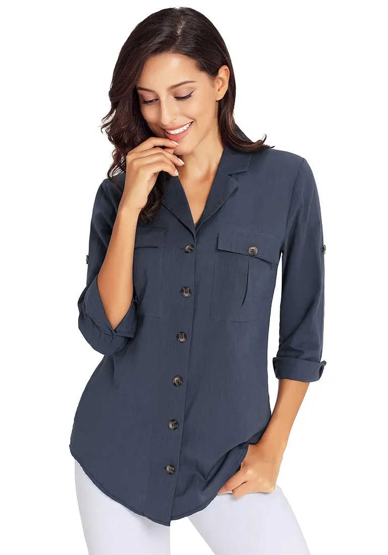 Navy Blue Long Cuffed Sleeves Lapel Button-Up Blouse