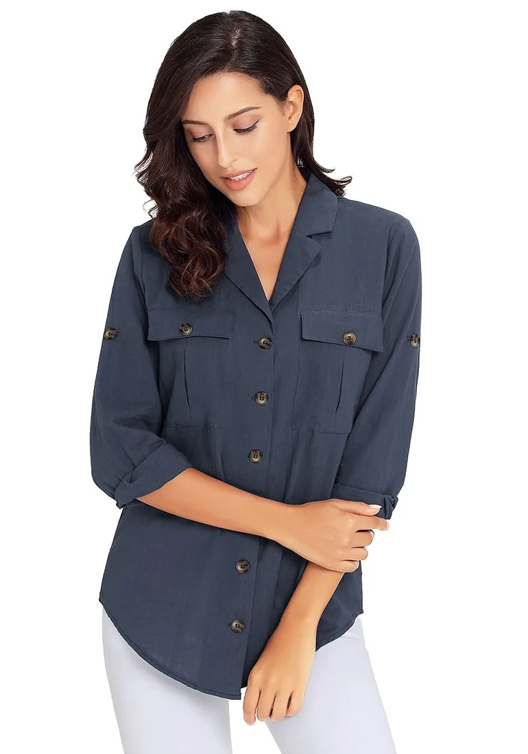 Navy Blue Long Cuffed Sleeves Lapel Button-Up Blouse