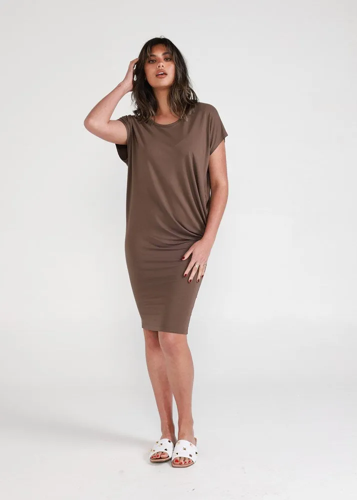 Nora Asymmetrical Bamboo T-Shirt Dress - Chocolate