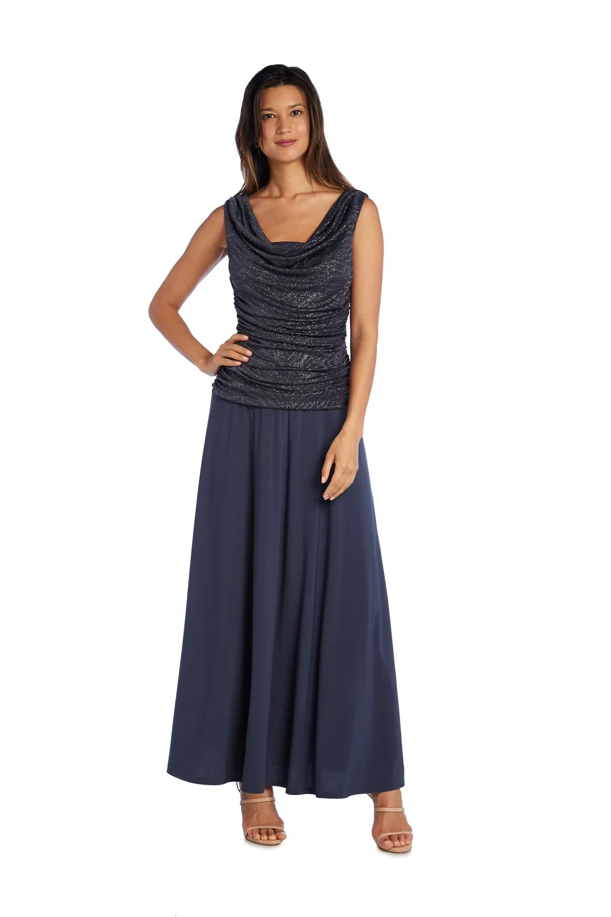 Petite Women Sleeveless Glitter Knit Chiffon Evening Gown - Mother of the Bride dress