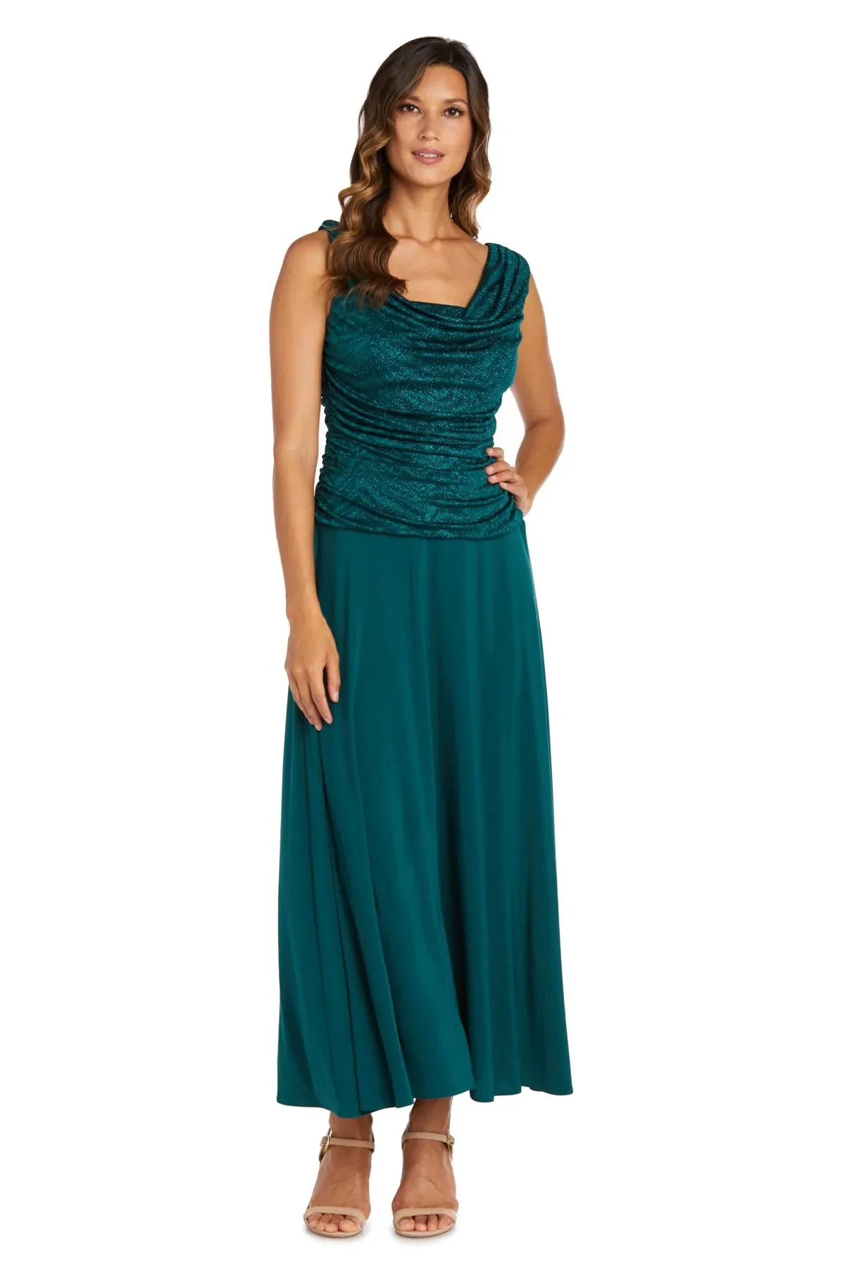 Petite Women Sleeveless Glitter Knit Chiffon Evening Gown - Mother of the Bride dress