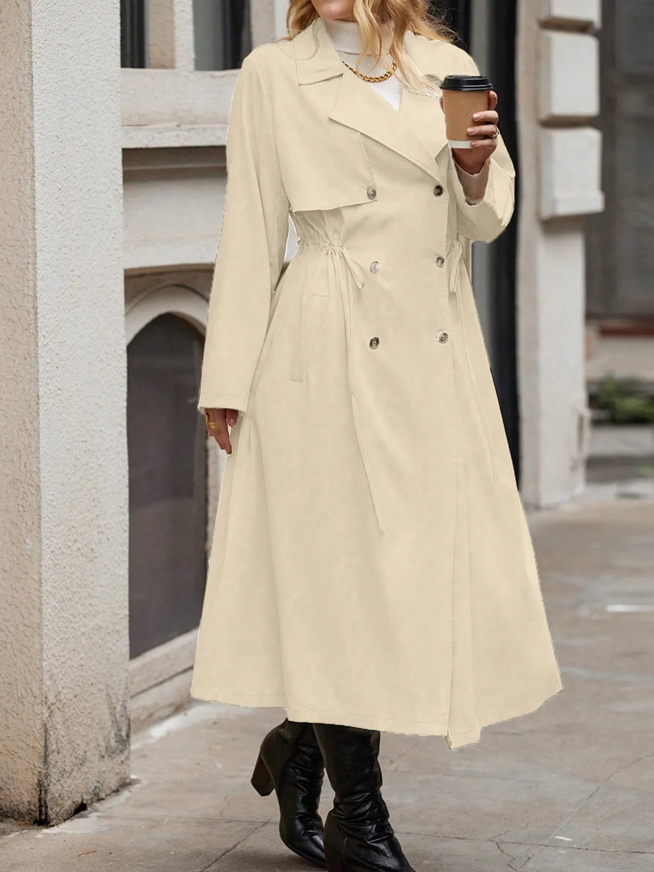 Plus Double Breasted Drawstring Waist Trench Coat