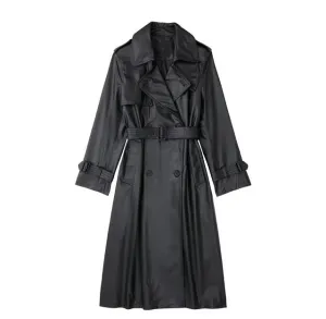 Pre Order:  Casual Belted Vegan Leather Trench Coat