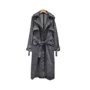 Pre Order:  Lace Up Denim Pearl Trench Coat