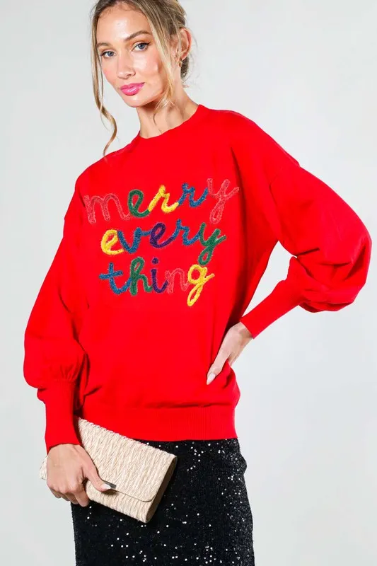 Red Merry Everything Letter Detail Sweater Top