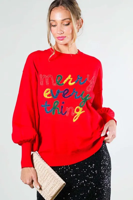 Red Merry Everything Letter Detail Sweater Top