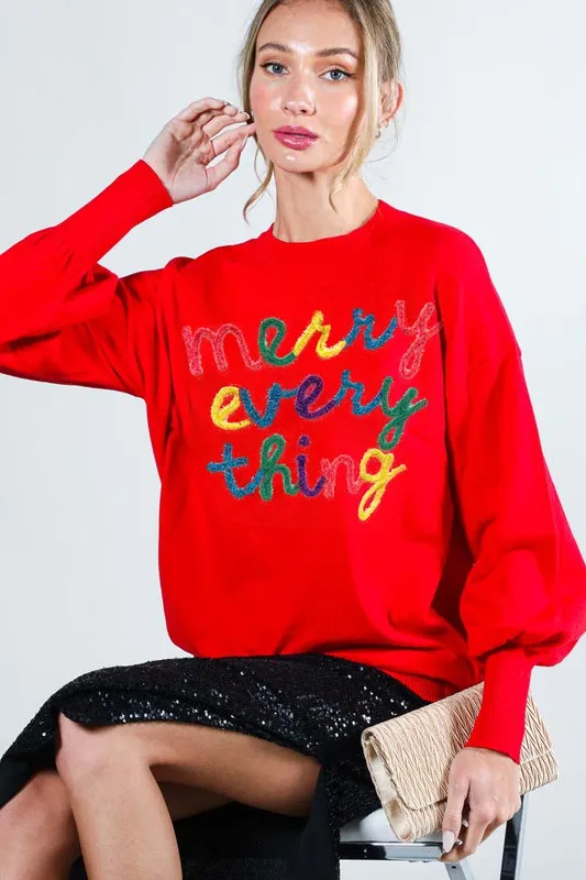 Red Merry Everything Letter Detail Sweater Top