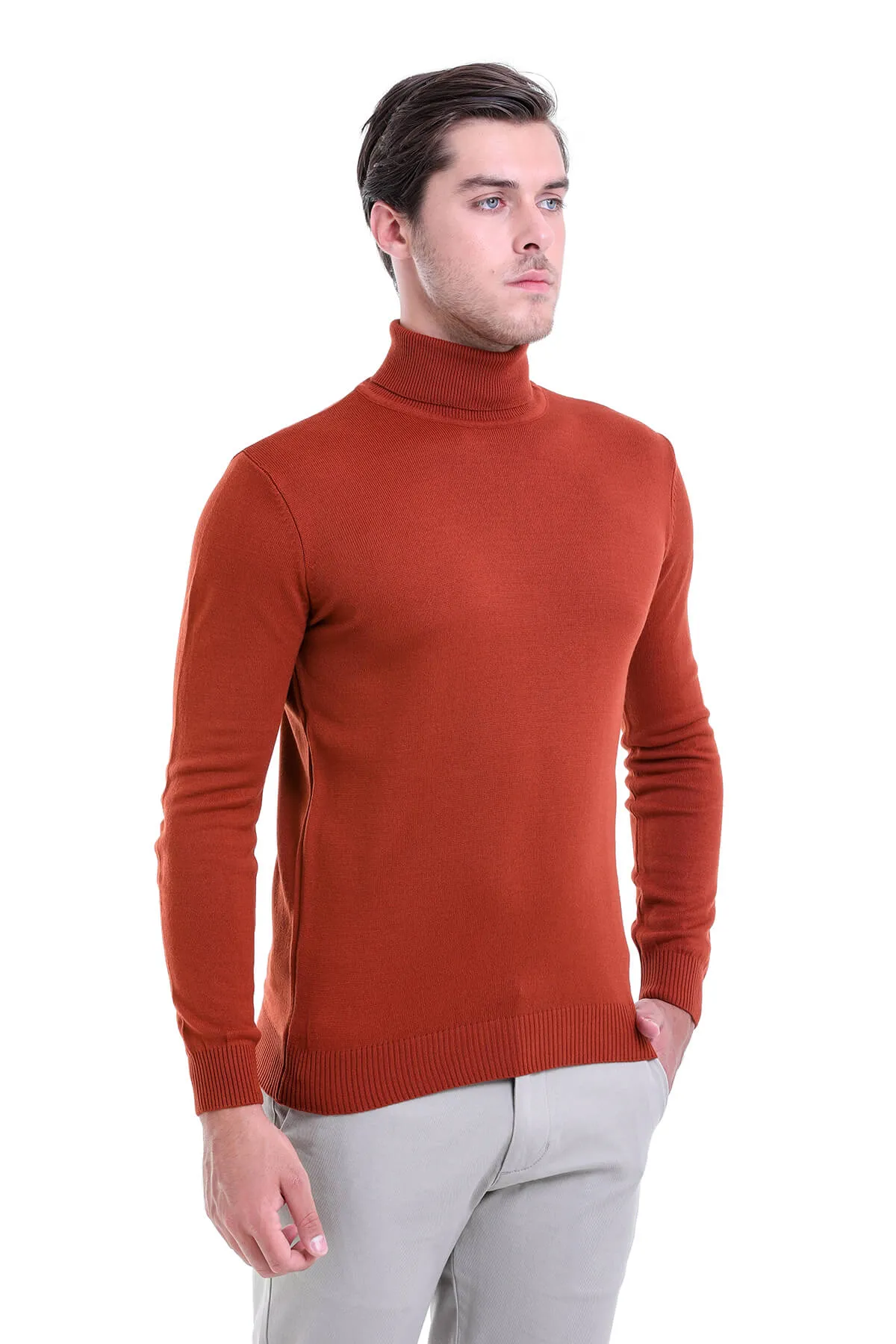 Regular Fit Basic Plain Brick Turtleneck Sweater