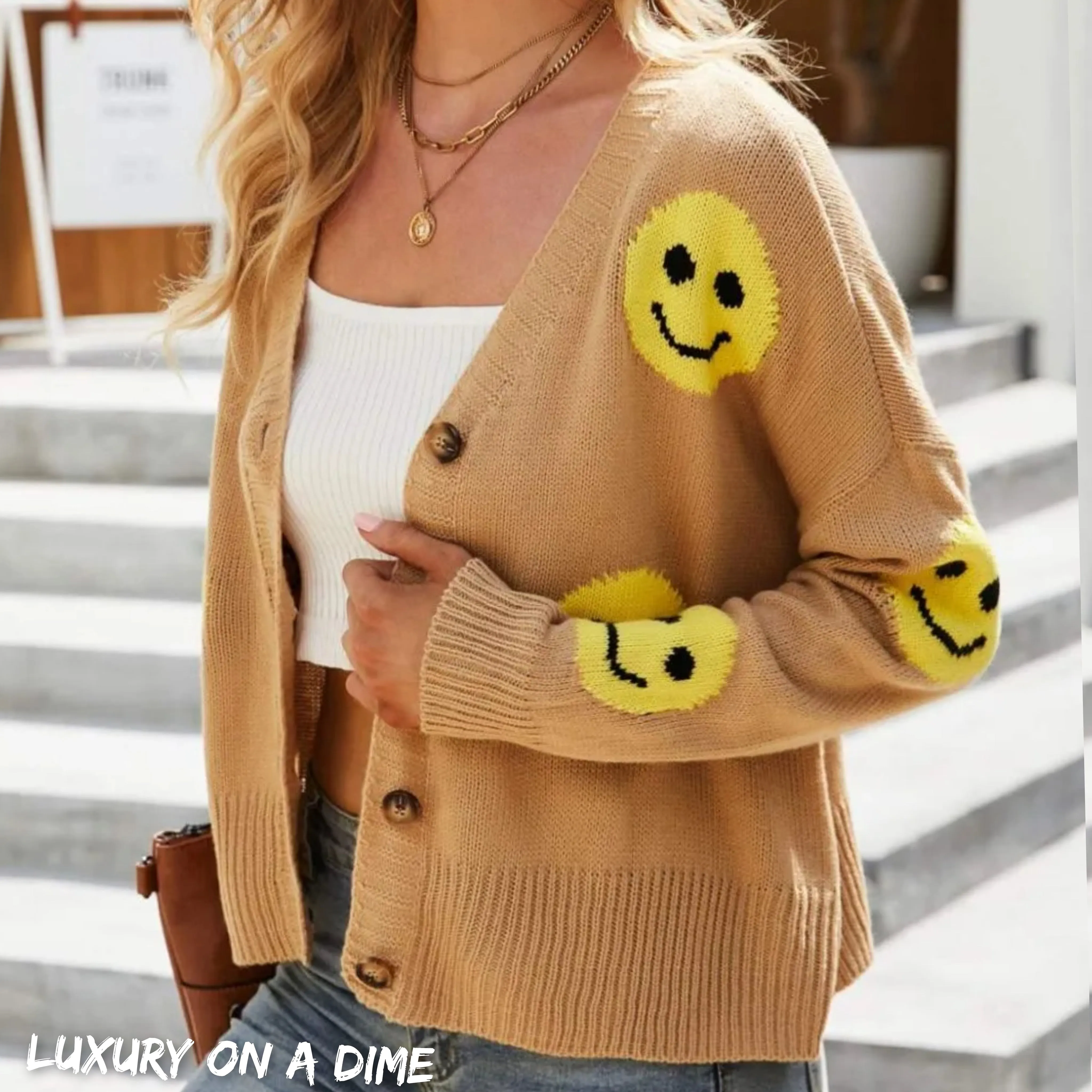 Retro Smiley Face Cropped Classic Knit Button Front Long Sleeve Cardigan