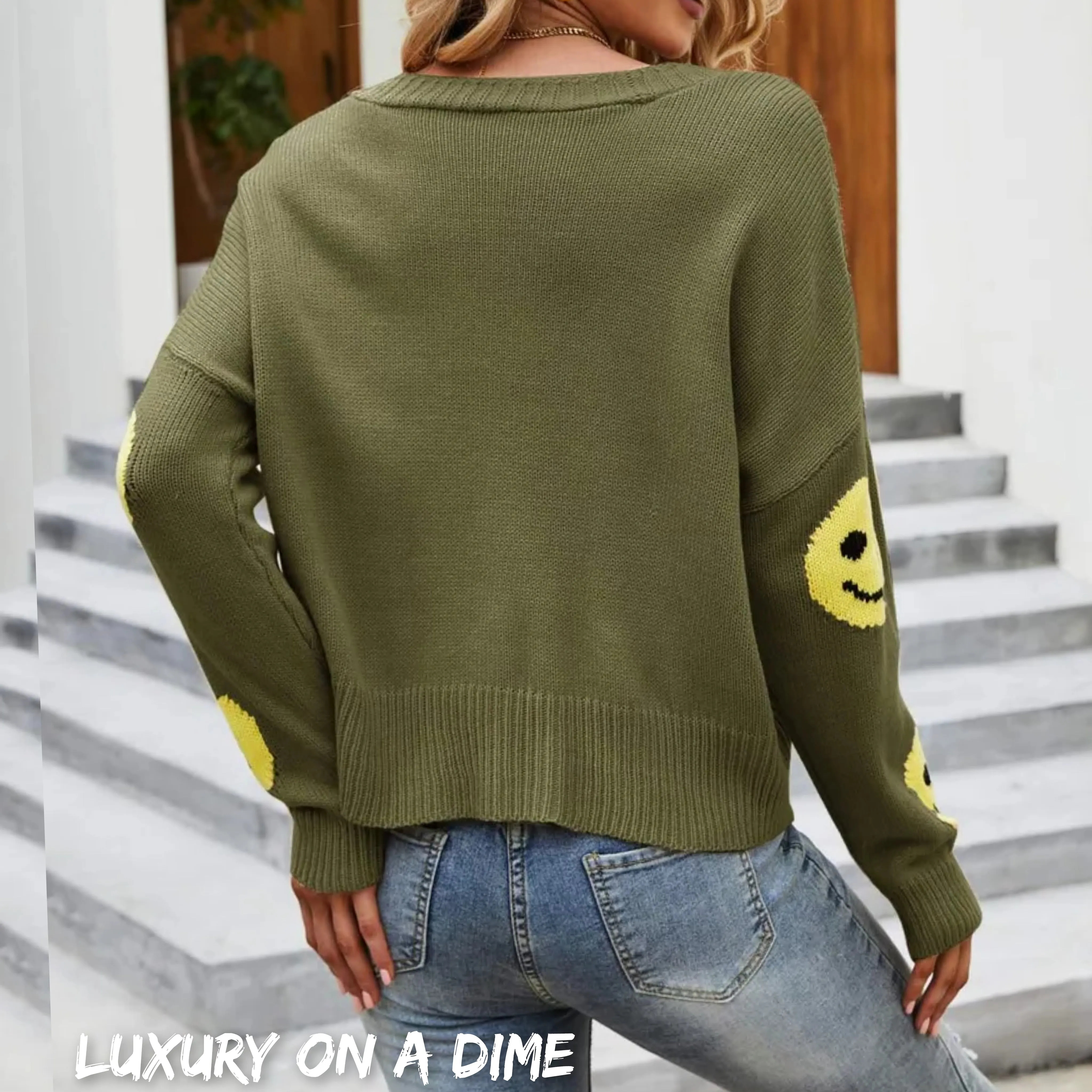 Retro Smiley Face Cropped Classic Knit Button Front Long Sleeve Cardigan