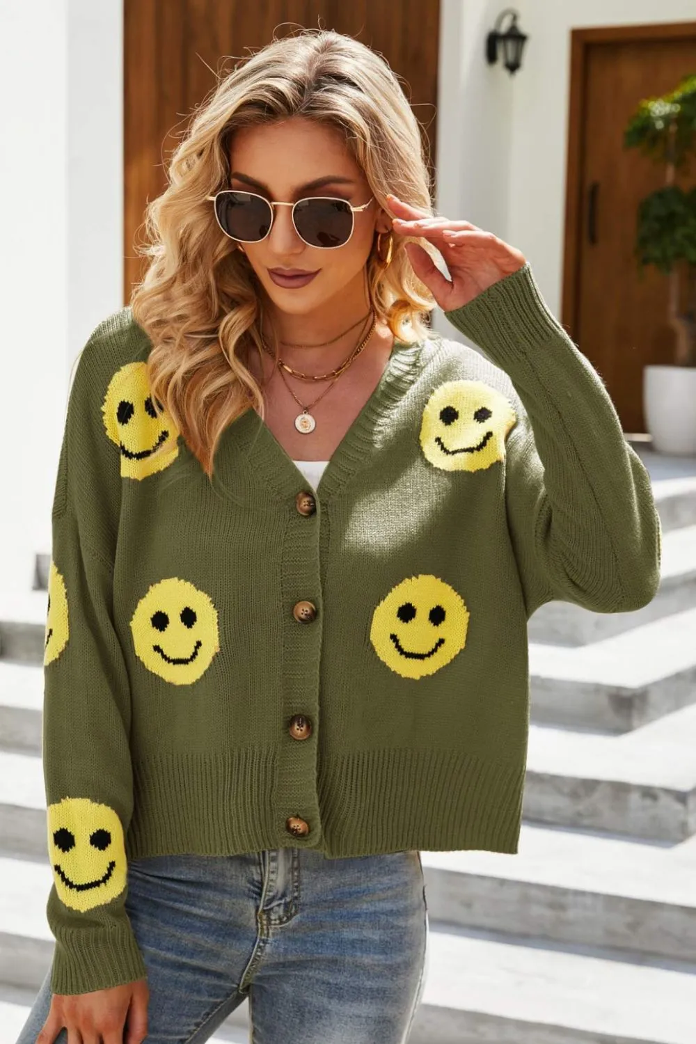 Retro Smiley Face Cropped Classic Knit Button Front Long Sleeve Cardigan