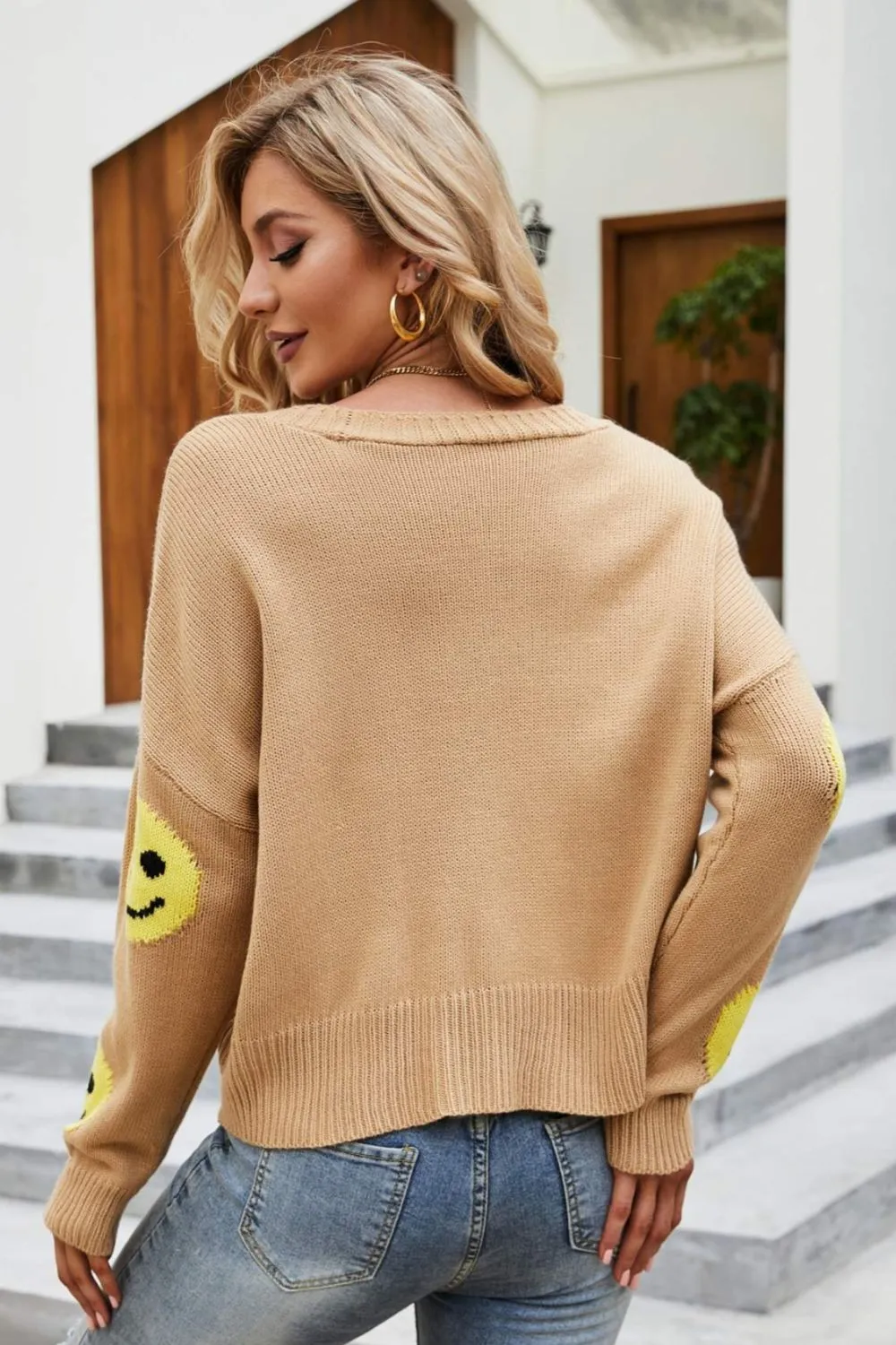 Retro Smiley Face Cropped Classic Knit Button Front Long Sleeve Cardigan