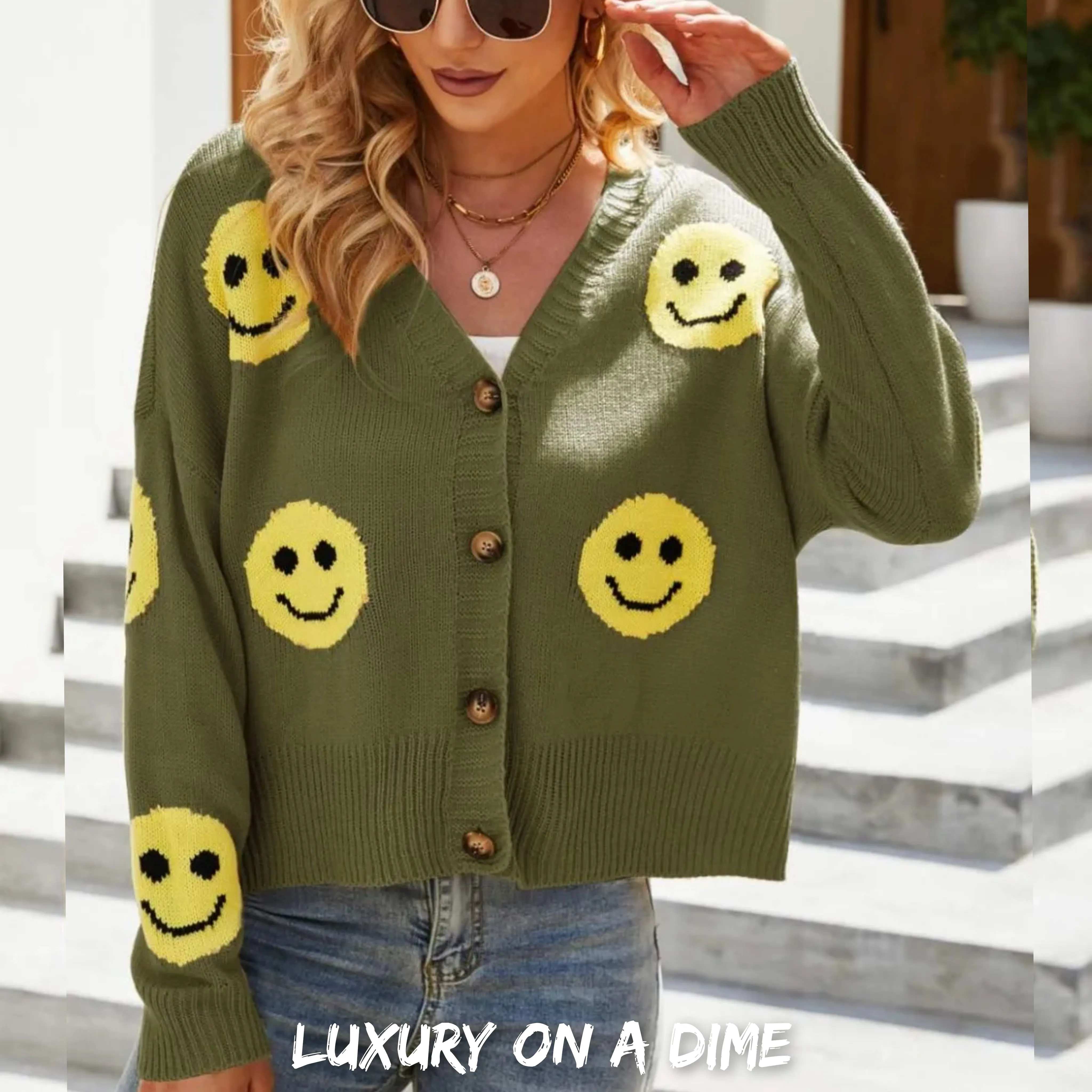 Retro Smiley Face Cropped Classic Knit Button Front Long Sleeve Cardigan