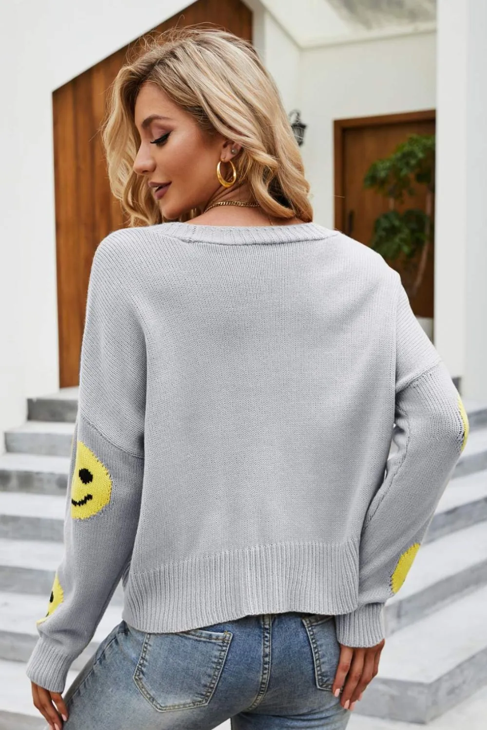 Retro Smiley Face Cropped Classic Knit Button Front Long Sleeve Cardigan