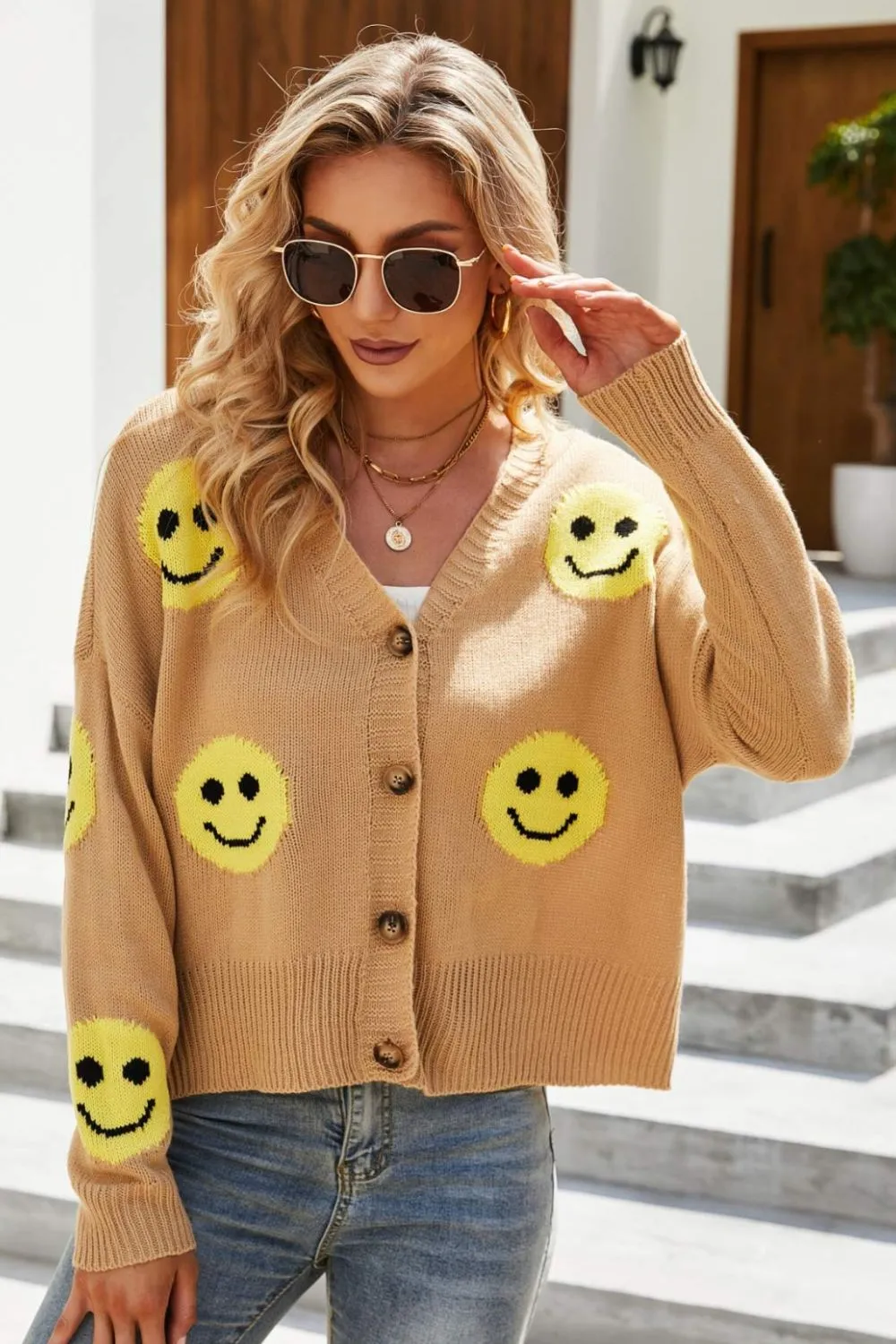 Retro Smiley Face Cropped Classic Knit Button Front Long Sleeve Cardigan