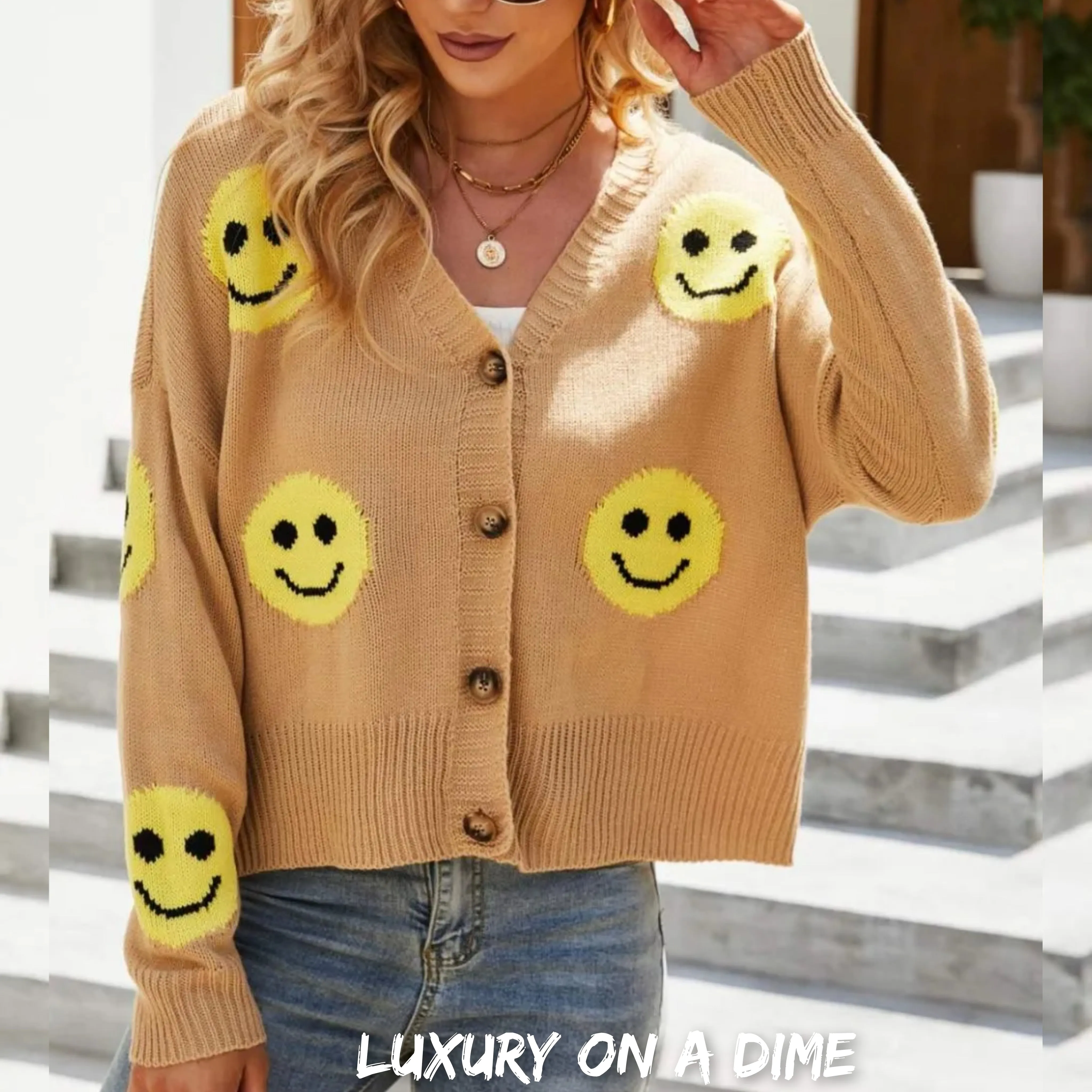 Retro Smiley Face Cropped Classic Knit Button Front Long Sleeve Cardigan